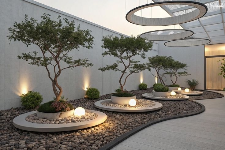 Chiếu sáng cảnh quản kết hợp đèn hình cầu với đá tự nhiên