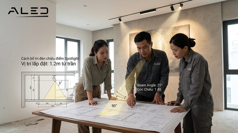 Cách bố trí đèn chiếu điểm Spotlight chuẩn xác: Vị trí, cao độ và góc chiếu sáng